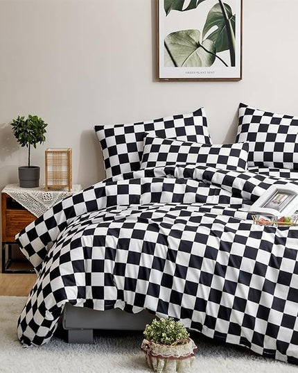 CLOTHKNOW Black White Plaid King Size Comforter Set Grid Bedding Comforter Sets Soft Checkered Comforter Black White Comforter with 2 x Pillow Cases