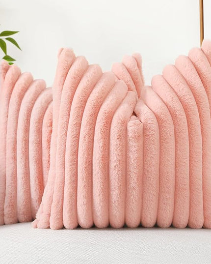 decorUhome Faux Fur Spring Throw Pillow Covers 16x16 Set of 2, Decorative Soft Plush Striped Neutral Couch Euro Pillow Covers with Velvet Back for Sofa, Bed, Living Room Home Decor, Blush Pink