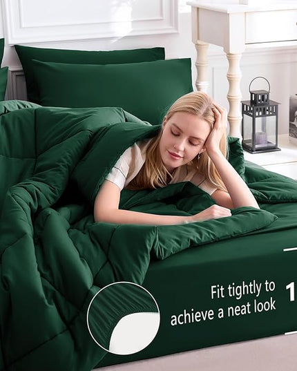 CozyLux King Size Comforter Set Emerald Green, 7 Pieces Bed in a Bag, Green Comforter King Size, All Season Bedding Sets with Stitch Quilted Comforter, Flat Sheet, Fitted Sheet, Pillowcases