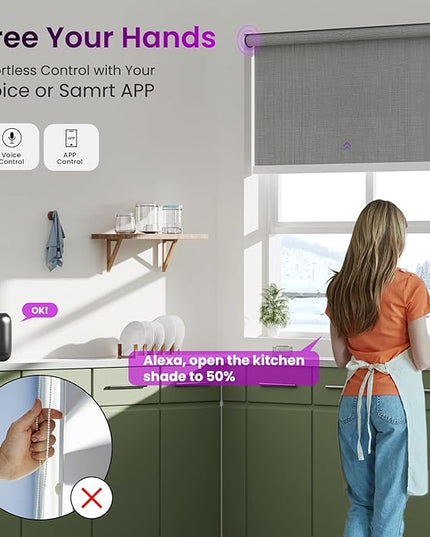 Astomi Motorized Roller Shades for Windows, Blackout Automatic Blinds with Remote, Smart Blinds, Voice Control, Compatible with Alexa, Google, Custom Size (Woven Grey)