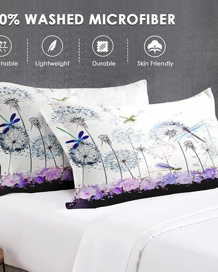 Twin Size Comforter Set with Pillowcase, Spring Dragonfly Purple Flower 2 Pcs Bedding for Kids and Adults, Vintage Summer Botanical Soft Comforter Set for Bedroom Bed Decor