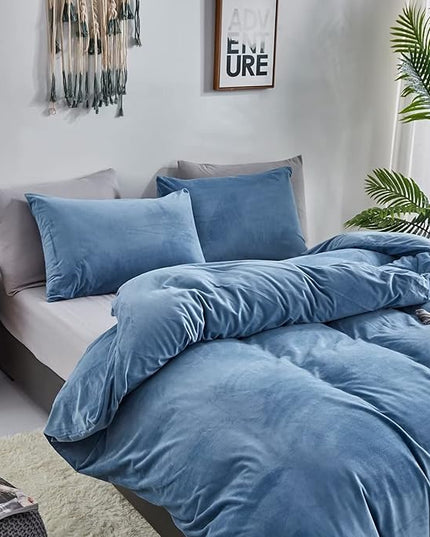 Houseri Velvet Blue Comforter Set California King Fluffy Dusty Blue Flannel Bedding Sets Puffy Lake Blue Cal King Comforter Sets Light Blue Sherpa Comforter Oversized King Warm Fuzzy Quilts Cal King