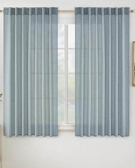MIULEE Dusty Blue Linen Curtains 63 Inch Length 2 Panels for Bedroom Living Room, Soft Thick Linen Textured Kitchen Window Drapes Semi Sheer Light Filtering Back Tab Rod Pocket Burlap Look Decor