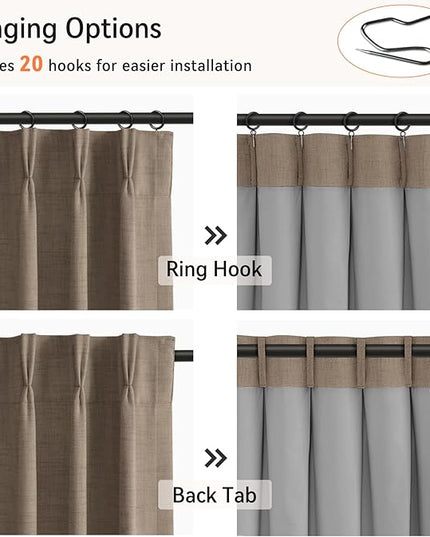 100% Blackout Shield Linen Look Textured Pinch Pleated Curtains Blackout Drapes 84 Inch Long 2 Panels Set, Faux Linen Blackout Curtains for Bedroom & Living Room, 40" W x 84" L, Linen Brown