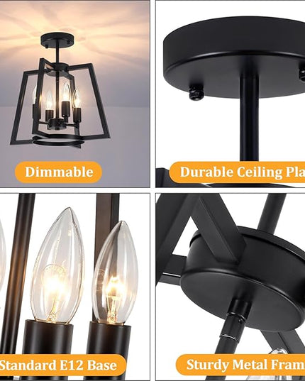 TOULMJ 14.56" Ceiling Light Fixture, 4-Light Farmhouse Black Semi-Flush Mount Ceiling Light for Kitchen Island Laundry Room Bedroom Dining Room Hallway Entryway