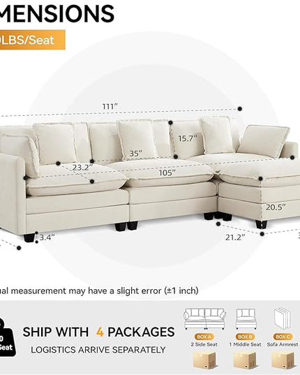 111'' Sectional Cloud Deep Seat Couch, Modern Comfy Chenille L Shaped Sectional Sofa for Living Room Set, Upholstered Modular 4-Seats Sofa Couch with Movable Ottoman, Beige