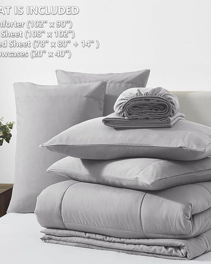 CozyLux King Size Comforter Set Grey, 7 Pieces Bed in a Bag, Gray Comforter King Size, All Season Bedding Sets with Stitch Quilted Comforter, Flat Sheet, Fitted Sheet, Pillowcases
