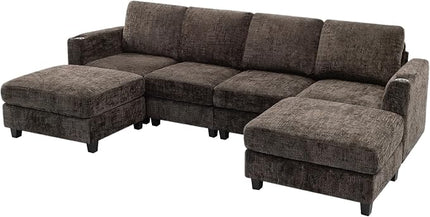 110" Convertible U-Shape Couch with 2 Flexible Ottomans, Soft Sectional Sofa with 2 Built-in Cup Holders, Chenille 4 Seats Sofa with Well-Filled Back Cushions for Living Room, House, Brown