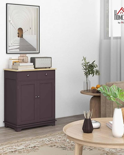 HOMCOM Sideboard with Solid Wood Countertop, Modern Kitchen Storage Cabinet, Coffee Bar Cabinet with 2 Drawers, Doors and Adjustable Shelf, Coffee
