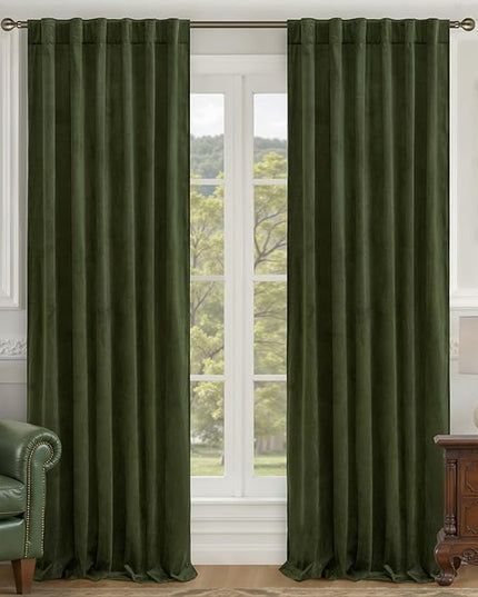 LAMIT 90 Inches Velvet Curtains for Living Room, Olive Green Thermal Insulated Blackout Curtains Luxury Room Darkening Back Tab and Rod Pocket Window Drapes for Bedroom, 2 Panels, 52 x 90 Inch