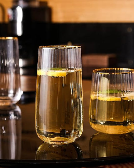Lysenn Stemless Wine Glasses Set of 4 - Premium Hand Blown Drinking Glasses for Bubbly Wine & Champagne - Elegant Vertical Stripe and Gold Rim Champagne Flutes – Clear 17oz