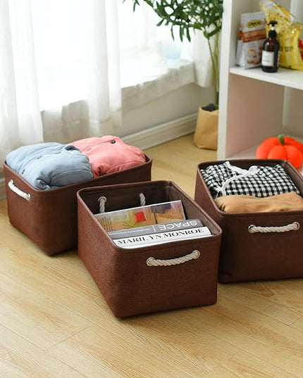 TheWarmHome Decorative Basket Rectangular Fabric Storage Bin Organizer Basket with Handles for Clothes Storage (Brown,Large-3Pack,15.7L*11.8W*8.3H)