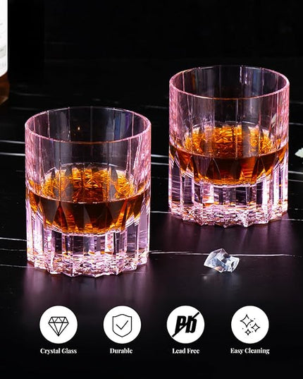 KAMMAK Crystal Whiskey Glasses Set of 2, 7.61 oz (225 ml) Hand Blown Old Fashioned Tumbler, Pink Thick Base Glass with Delicate Rim & Seamless Design for Scotch, Bourbon, Cocktails, Lead-Free Barware