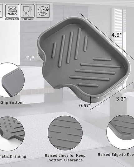 Silicone Bathroom Soap Dishes with Drain Spout-Bathroom and Kitchen Sink Organizer,Sponge Holder,Dish Soap Tray,Perfect for Dispenser,Scrubber,Bottle,Cup on Sink or Counter-Grey 4.9"×3.2"