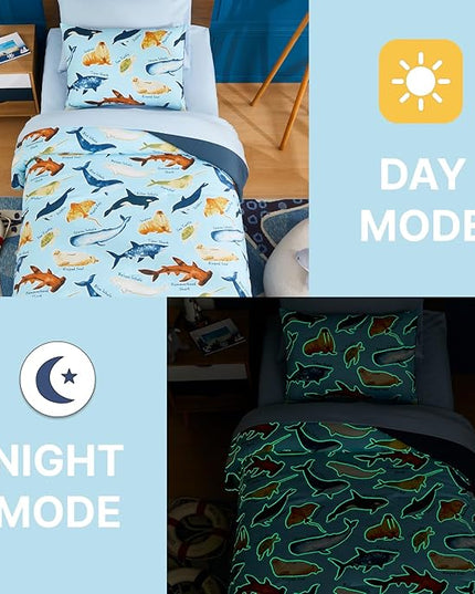 Twin Comforter Set for Boys-5 Pieces Ocean Animals Glow in The Dark Twin Bedding Sets for Kids, Ultra Soft Bed in A Bag with Sheets