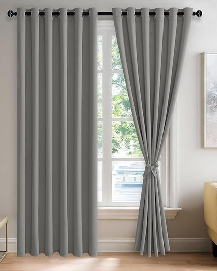 JIUZHEN Light Grey Blackout Curtains with Tiebacks Thermal Insulated, Light Blocking Noise Reducing Grommet Curtains for Bedroom and Living Room, Set of 2 Window Curtain Panels, 70 x 84 Inch Length