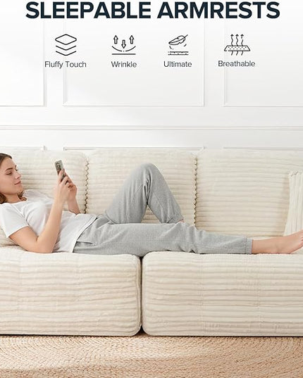 Marine Moon 111" Modular Sectional Sofa, 4-Seat Oversized Deep Seat Cloud Couch, No Assembly Required, Convertible Straight Sofa to L-Shaped for Living Room, Apartment & Home, White