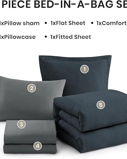 Monbix Twin XL Comforter Set Navy Blue, Cationic Dyeing Bedding Set Reversible 5 Pieces, All Season Bed in a Bag with Comforter, Sheets, Pillowcase & Sham