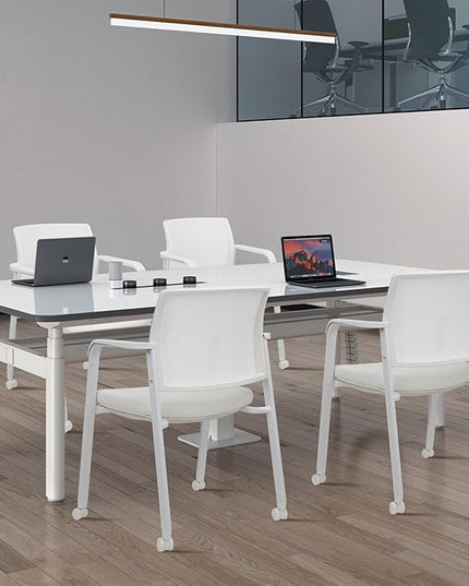 CLATINA Stacking Office Chairs with Wheels | Mesh Back, Thicken Leather Seat and Streamline Armrests, Ergonomic Lumber Support | School, Desk, Guest Reception, Waiting, Conference | Set of 4, White