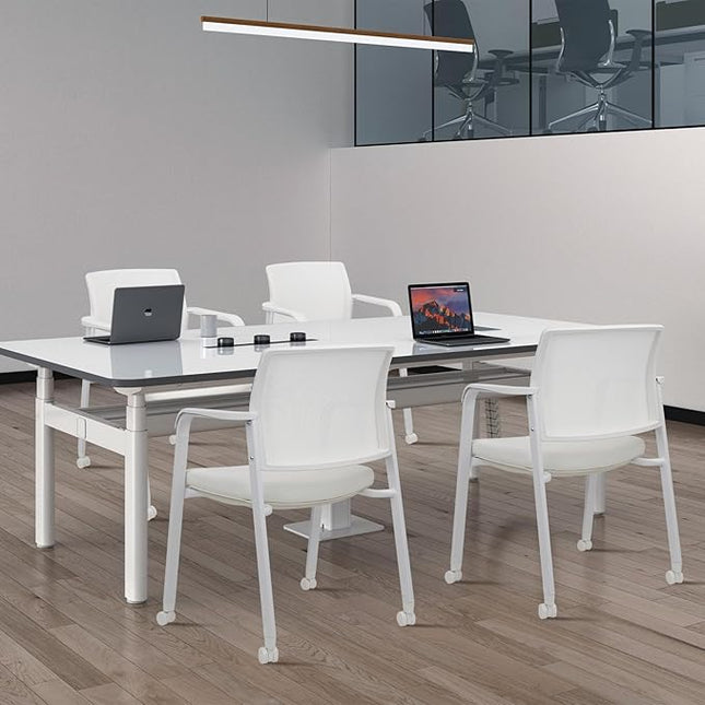 CLATINA Stacking Office Chairs | Mesh Back, Thicken Leather Seat and Arms, Ergonomic Lumber Support | Guest Reception, Waiting, Conference, School, Party, Customer, Side, Stationary | Set of 2, White