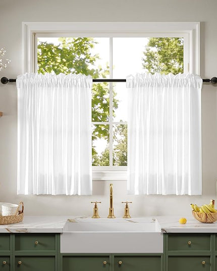 Anmao Non-See-Through Valance Kitchen Curtains 36 Inch Length 2 Panels Set, Bright White Privacy Light Filtering Semi Sheer Over Sink Short Cafe Curtain Tiers for Small Windows, 25W x 36L, Pure White