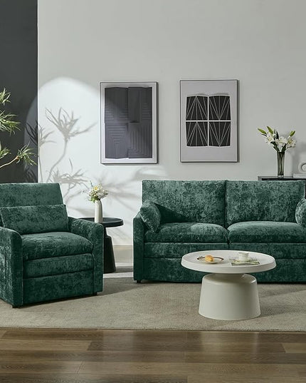 Tbfit Living Room Furniture Set, Loveseat Couch & Accent Chair, Modern Comfy Cloud Sofa Set, Spring Seat Cushions, Chenille Fabric, Green