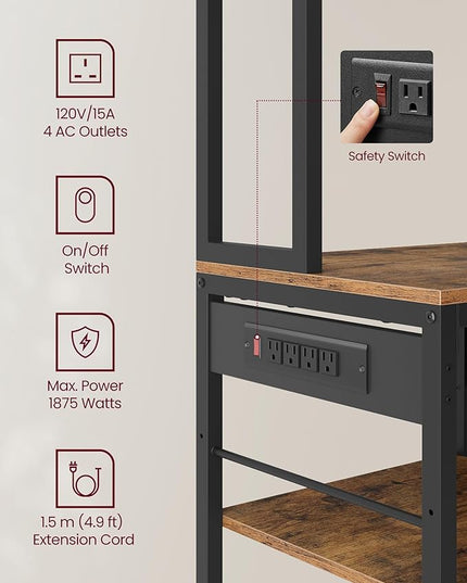 VASAGLE Bakers Rack with Charging Station, Coffee Bar, 15.7 x 31.5 x 71 Inches, Kitchen Microwave Stand, Adjustable Storage Shelves, Fabric Drawer, 12 Hooks, Rustic Brown and Ink Black UKKS015K01