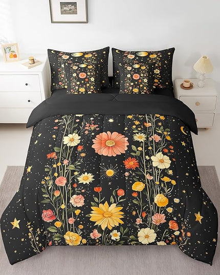 Feelyou Gothic Nature Comforter Set Full Size 7 Pieces Comforters Bohemian Bedding Set Butterfly Moth Flower Bed Set Bed in a Bag with Comforter, Sheets, Pillowcases & Cushion Covers