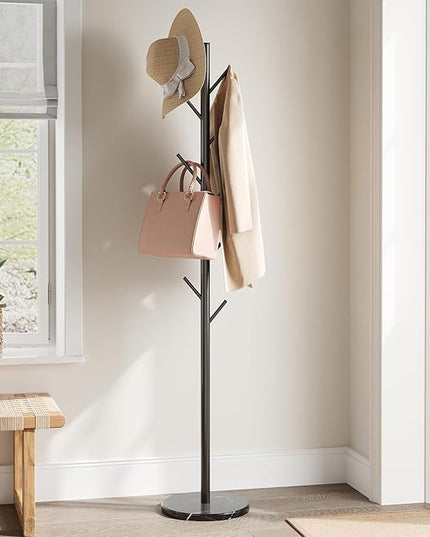 ELYKEN Coat Rack Freestanding with Natural Marble Base, Metal Coat Rack Stand with 10 Hooks, 3 Adjustable Size Coat Tree for Bags, Clothes, and Hats for Entryway, Bedroom, Hallway, Office, Black