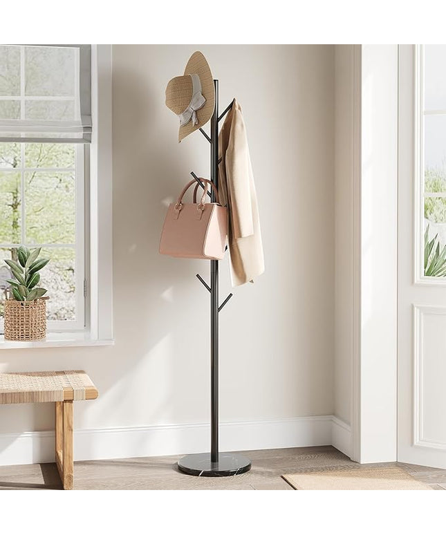 ELYKEN Coat Rack Freestanding with Natural Marble Base, Metal Coat Rack Stand with 10 Hooks, 3 Adjustable Size Coat Tree for Bags, Clothes, and Hats for Entryway, Bedroom, Hallway, Office, Black