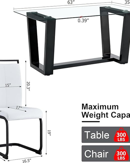 Ebullient Glass Dining Table Set for 4, Modern Dining Table Set for 4, Tempered Glass Tabletop with Black MDF Trapezoid Legs, Rectangle Kitchen Table with 4 Faux Leather Chairs for Home, Apartment