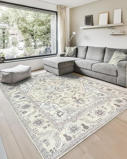 GLN Rugs Bohemian Collection - Machine Washable Area Rug, Bohemian Vintage, Non Slip, Low Pile Chenille Rug, Living Room, Bedroom, Bathroom Rug (6'x9' Beige and Gray)