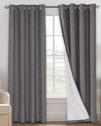 H.VERSAILTEX Linen Blackout Curtains 108 Inches Long 100% Absolutely Blackout Thermal Insulated Textured Linen Look Curtain Draperies Anti-Rust Grommet, Energy Saving with White Liner, 2 Panels, Grey