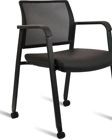 CLATINA Stacking Office Chair with Wheels, Mesh Back Waiting Room Guest Chairs with Arms Comfortable Leather Cushion Stackable Desk Chair for Conference Reception School Side Stationary, Black