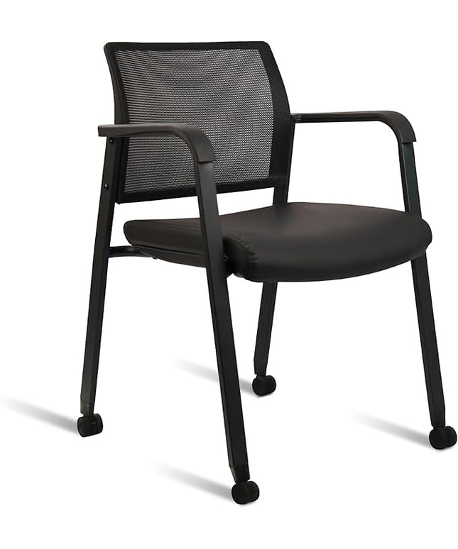 CLATINA Stacking Office Chair with Wheels, Mesh Back Waiting Room Guest Chairs with Arms Comfortable Leather Cushion Stackable Desk Chair for Conference Reception School Side Stationary, Black