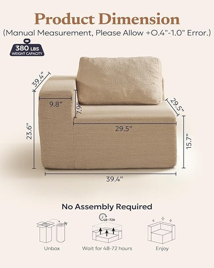 40" Single Sofa for Adults, Upholstered Floor Sofa Couch with Pillow, Teddy Boucle Sofa for Bedroom Living Room, No Assembly Required (Teddy Boucle, Camel)