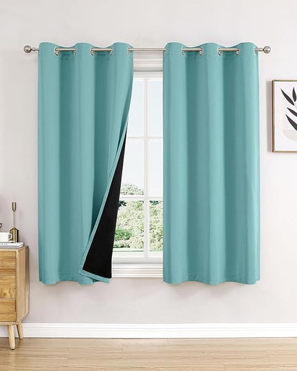 ChrisDowa 100% Blackout Curtains 63 inch Long for Bedroom with Black Liner, 2 Thick Layers Total Blackout Thermal Insulated Grommet Window Curtains 2 Panels Set (Aqua, 42 x 63 Inch)