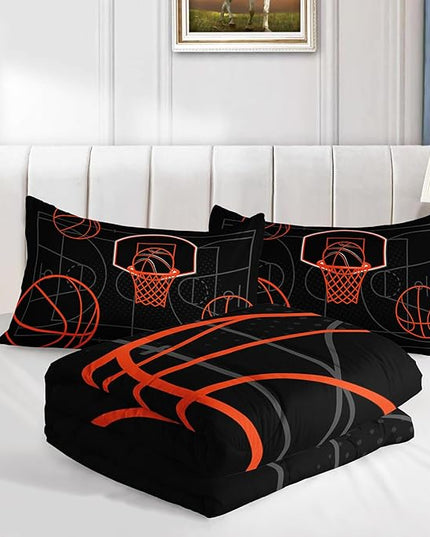 Basketball Court Print Queen Comforter Set for Boys,Ball Sports Games Bedding Set for Teens Kids Bedroom Decor,Orange Basketball Comforter Sets with 2 Pillowcases.