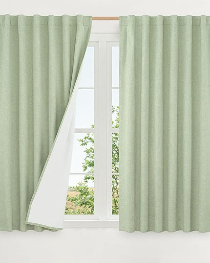 LAMIT Linen 100% Blackout Window Curtains for Bedroom, 45 Inches Linen Textured Thermal Farmhouse Curtains Back Tab and Rod Pocket Window Panels with White Liner, 2 Panels, 52 x 45 Inch, Light Green