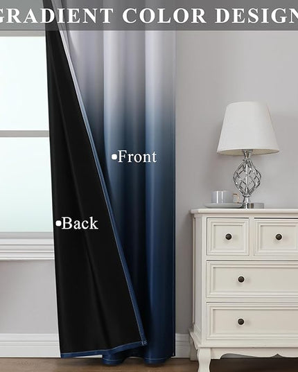 Estelar Textiler Navy Blue and Greyish White Ombre Blackout Curtains for Living Room, Energy Efficient Room Darkening Drapes, Grommet Thermal Insulated Window Treatments for Bedroom,52Wx72L (2 Panels)