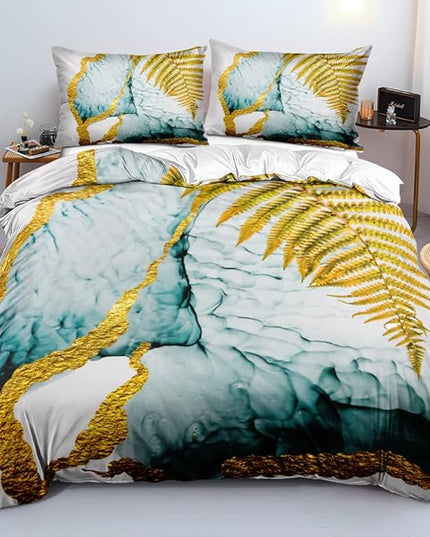 Abstract Ink Colors Design Duvet Cover Set Queen Size Gold Leaf Patterned Comforter Covers Twin XL Ink Green/Blue Colors Bed Sets Lxurious Bedroom Deco