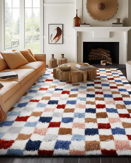 Ophanie Checkered Rainbow Rug for Living Room Bedroom, Colorful Fluffy Soft Cute Fuzzy Area Rugs, Shag Plush Shaggy Bedside Floor 8x10 Furry Carpet for Kids Teen Dorm Nursery Home Decor Aesthetic