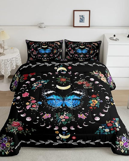 Sun and Moon Kids Comforter Set Full Size,Starry Sky Galaxy Planet Trippy Bedding Set,Boys Girls Adults Room Decor,Butterfly Flowers Boho Exotic Down Comforter,Colorful Duvet Insert,2 Pillowcases