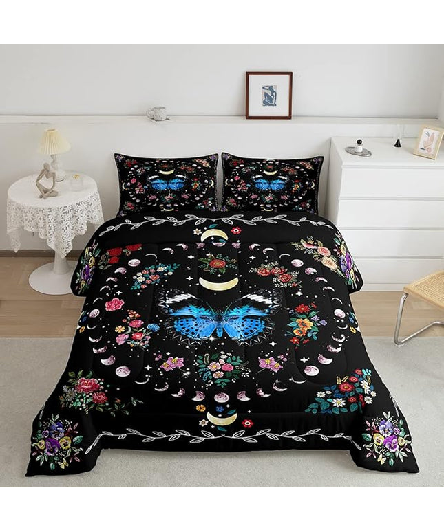 Sun and Moon Kids Comforter Set Full Size,Starry Sky Galaxy Planet Trippy Bedding Set,Boys Girls Adults Room Decor,Butterfly Flowers Boho Exotic Down Comforter,Colorful Duvet Insert,2 Pillowcases
