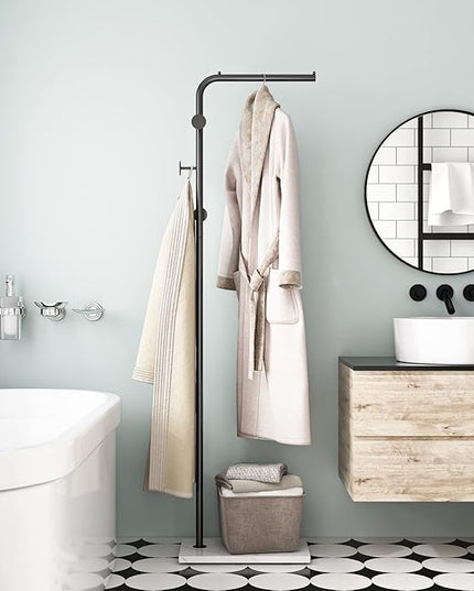 Black Coat Racks with White Base, Entryway Coats Racks Freestanding with 3 Hooks, L Shape Home Coat Hanger for Jackets, Coats, Hats, Clothes