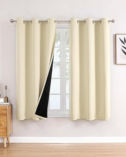 ChrisDowa 100% Blackout Curtains 63 inch Long for Bedroom with Black Liner, 2 Thick Layers Total Blackout Thermal Insulated Grommet Window Curtains 2 Panels Set (Light Beige, 38 x 63 Inch)