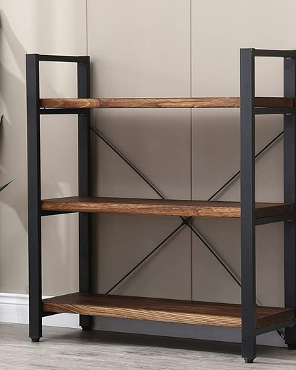Natural Real Solid Wood Bookcase,3 Tier Metal and Wood Open Book Shelf Storage Farmhouse Wide Etagere Bookcase for Office Living Bedroom