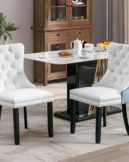 SoarFlash Leather Dining Chairs Set of 2, Tall Back Side Chair, Modern Upholstered Side Chair with Button Back Ring, Solid Wood Legs (White&(Blue)