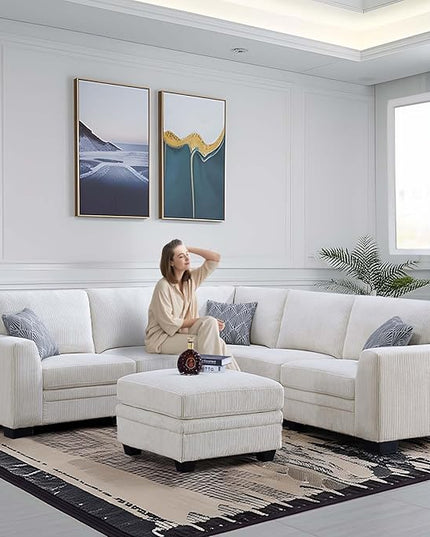 Legend Vansen Oversized Modular Sectional Sofa,6 Seat U Shaped Couch with Ottoman,Corduroy Sofa with Deep Seat,Convertible Large Sectional Couches for Living Room(Cream, L-6)