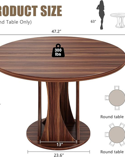 Round Dining Table for 4-6, Kitchen Table with Sturdy Double Arc & Rounded Base & Backboard Clasp Desktop, Mid-Century Modern Circle Dinner Table for Dining Living Room, Space Saving, Walnut